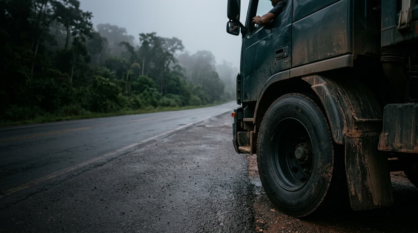 Caminhão pesado na BR-364 com neblina amazônica